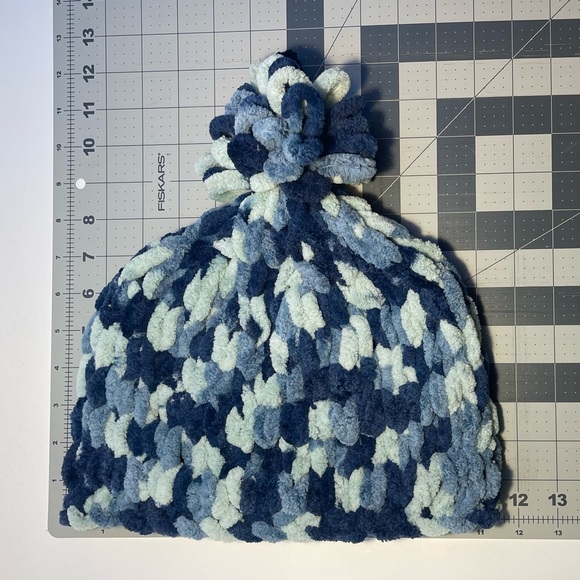 Handmade Women’s/Junior’s Winter Hat With Loopy Pom-Pom - Variegated Blue - Picture 8 of 9